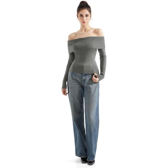 Women Hemp Gray Off Shoulder Long Sleeve Tops Blouse Sweaters - Picture 3 of 7